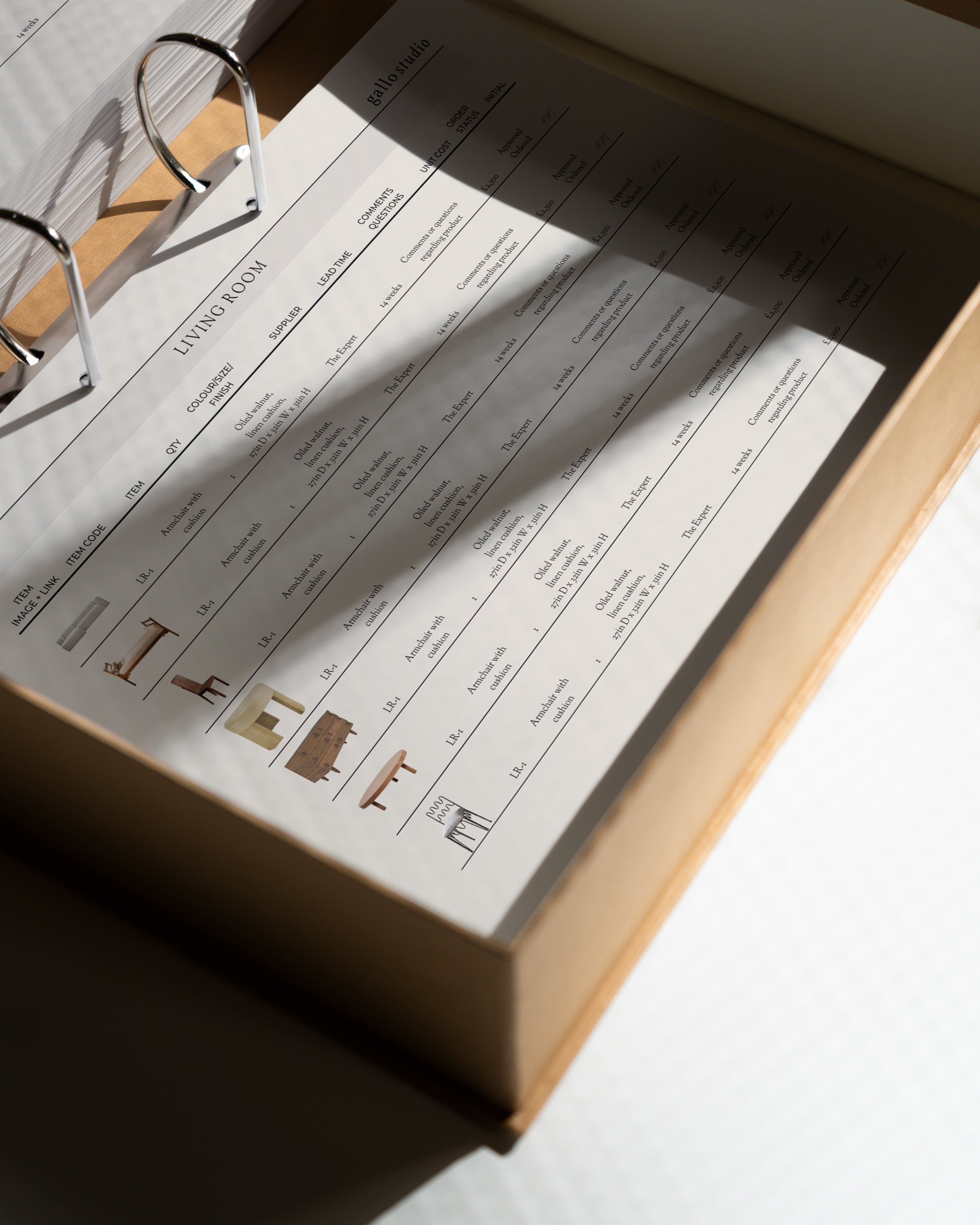 Furniture, Fixtures, and Finishes Template, FF and E template editable in Canva