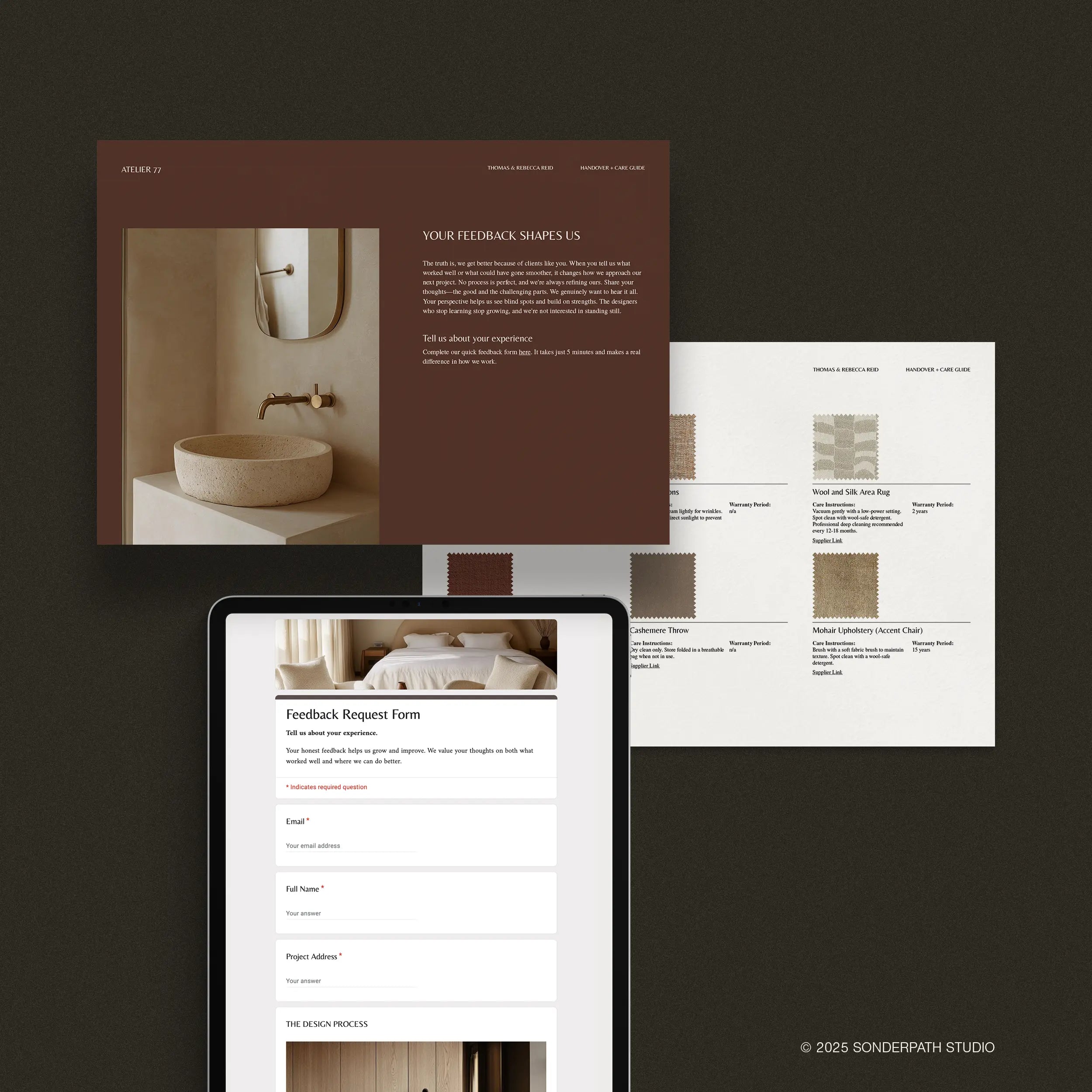 pages of client handover and care guide template featuring feedback request form