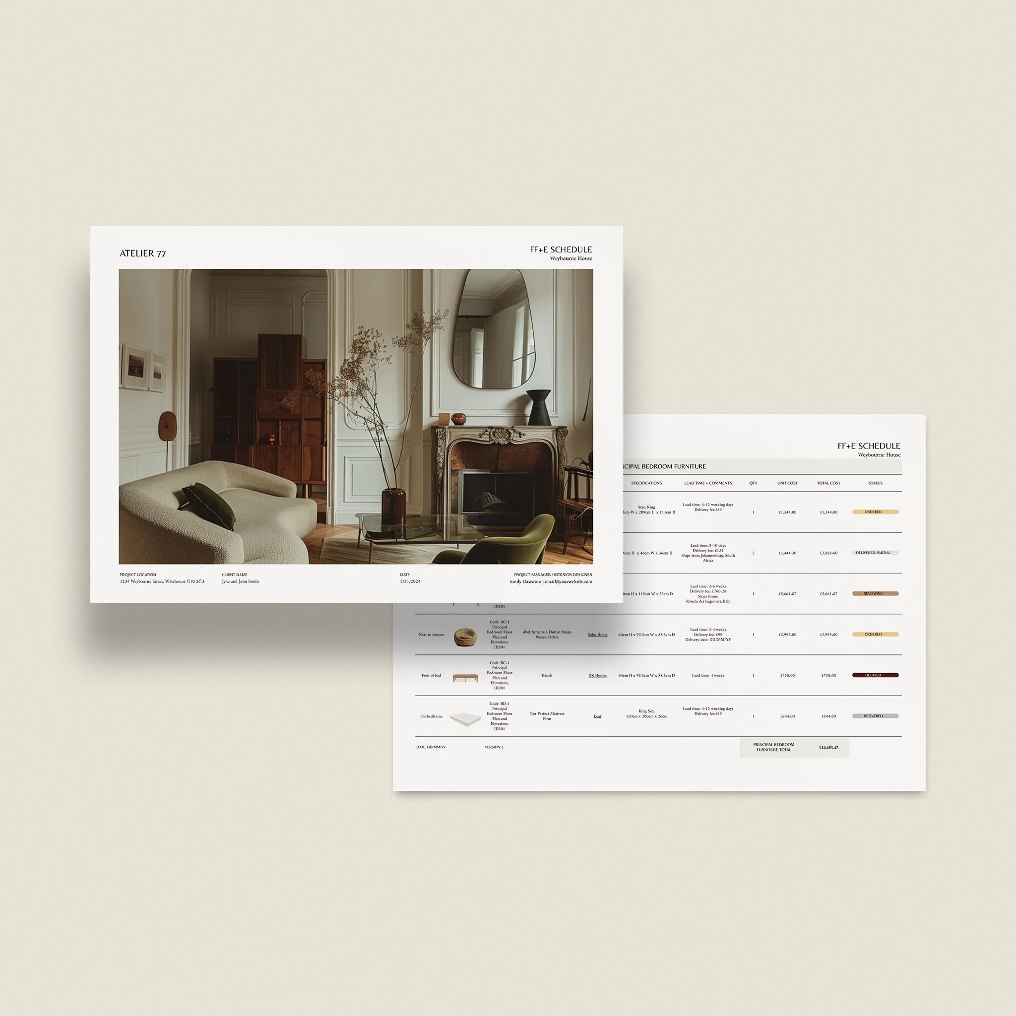FFE schduele page with interior design layout on a light gray background