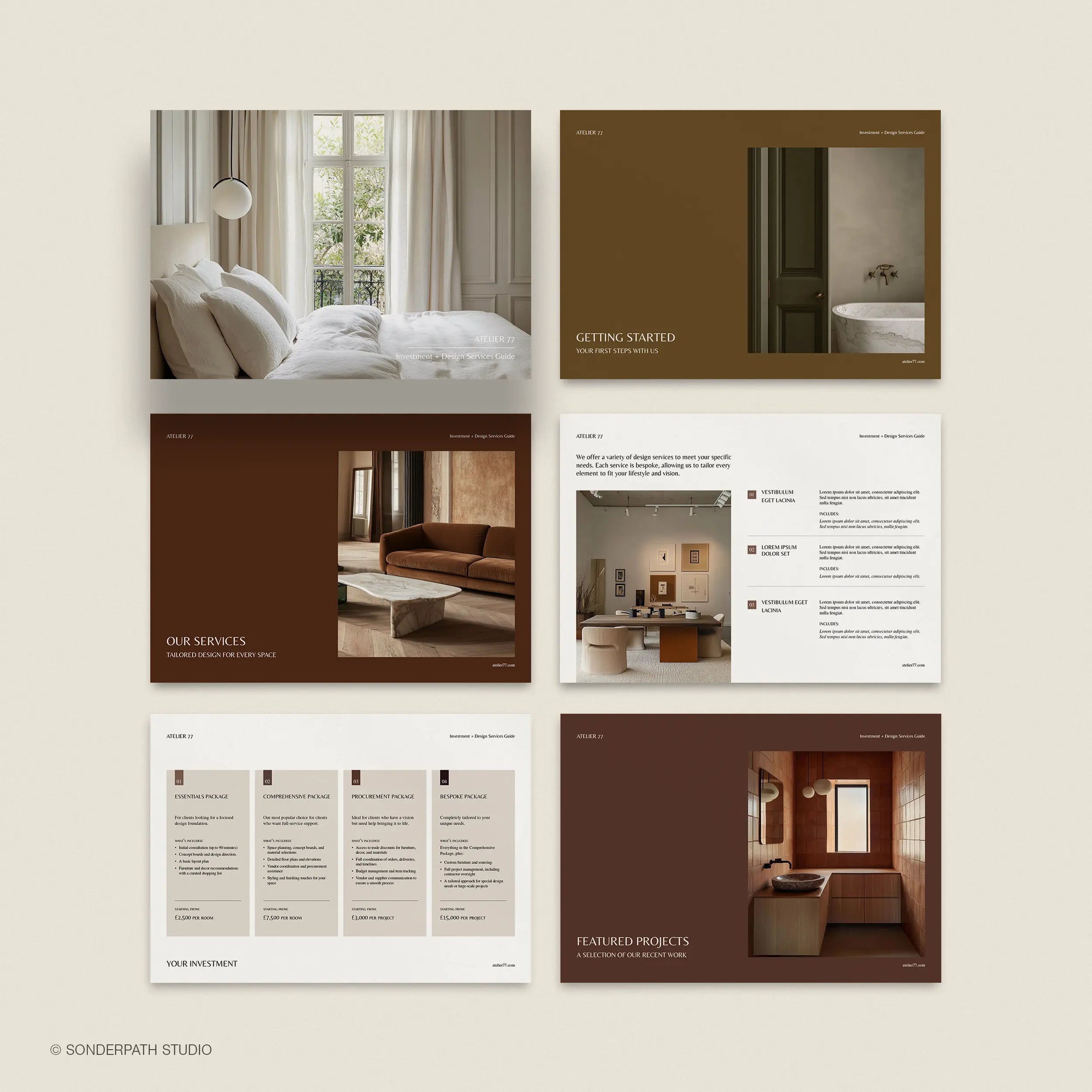 Collage of interior design brochures with images of rooms and text on a beige background.