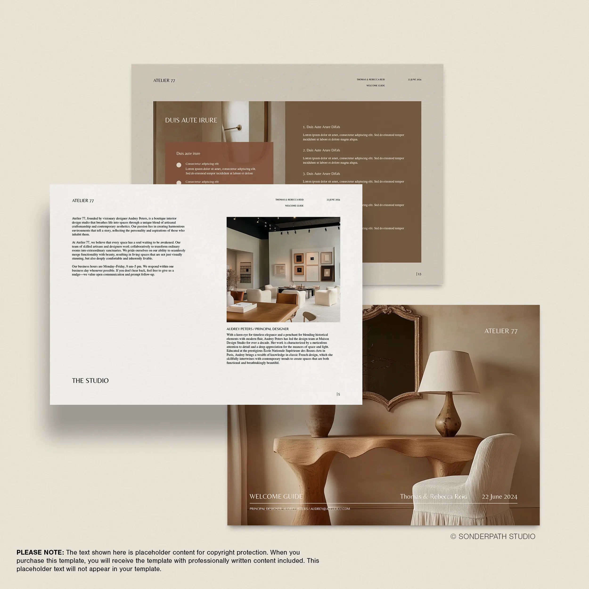 Interior design welcome guide template layout with photos of a living room and table.