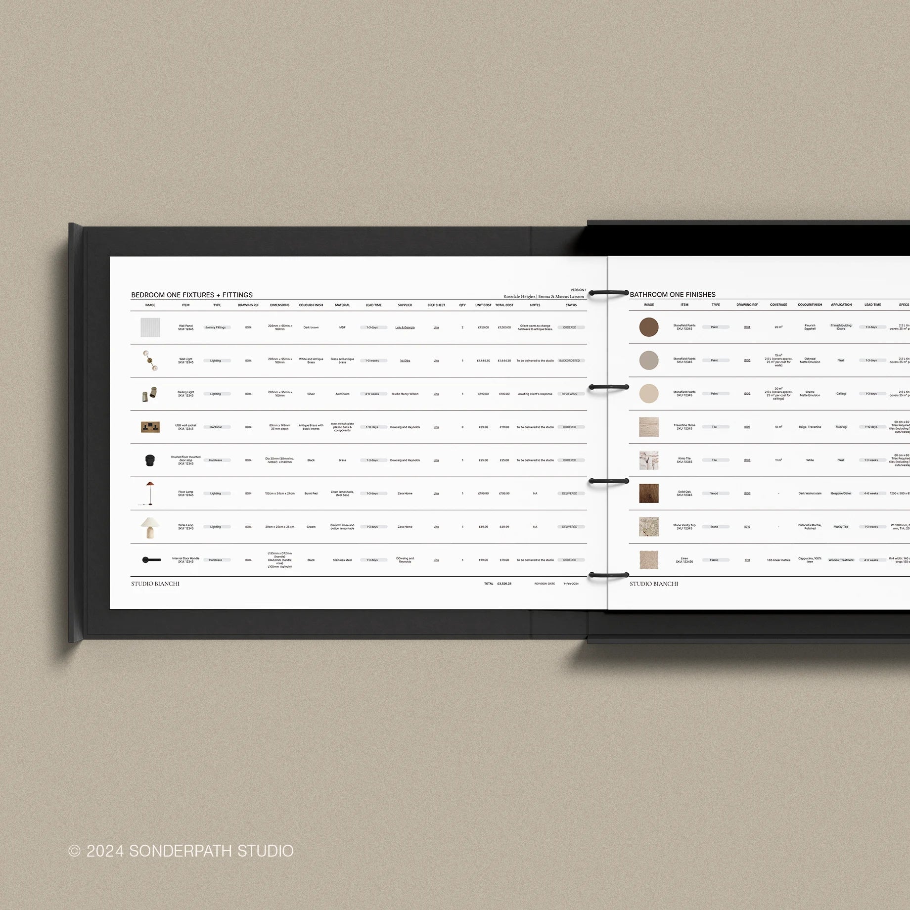 Interior Design FFE schedule template with a bedroom scene cover page and spec sheet