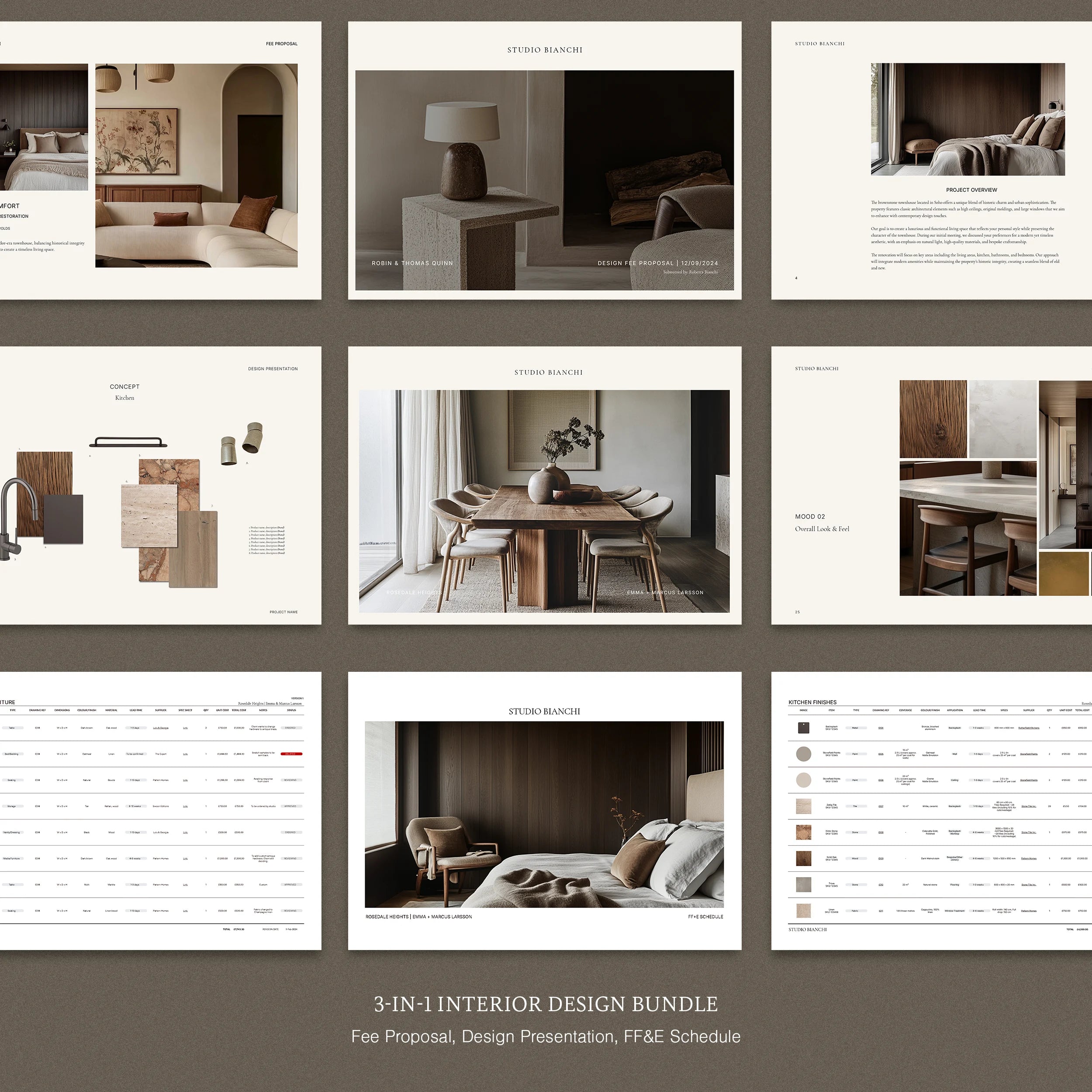 A collection of three interior design templates including a Fee Proposal, Design Presentation, and FFE Schedule, displayed in a grid layout with placeholder images and text.