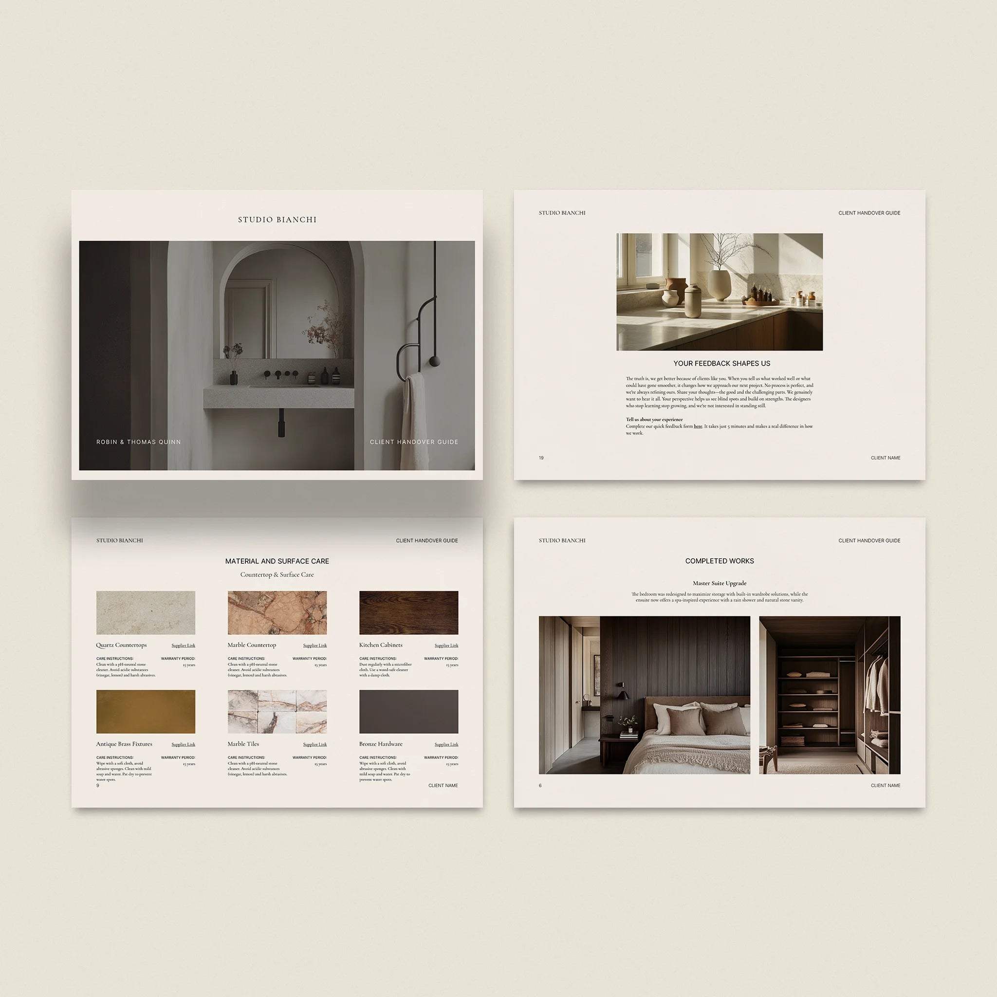 pages of interior design client handover guide template with images and text on a light background