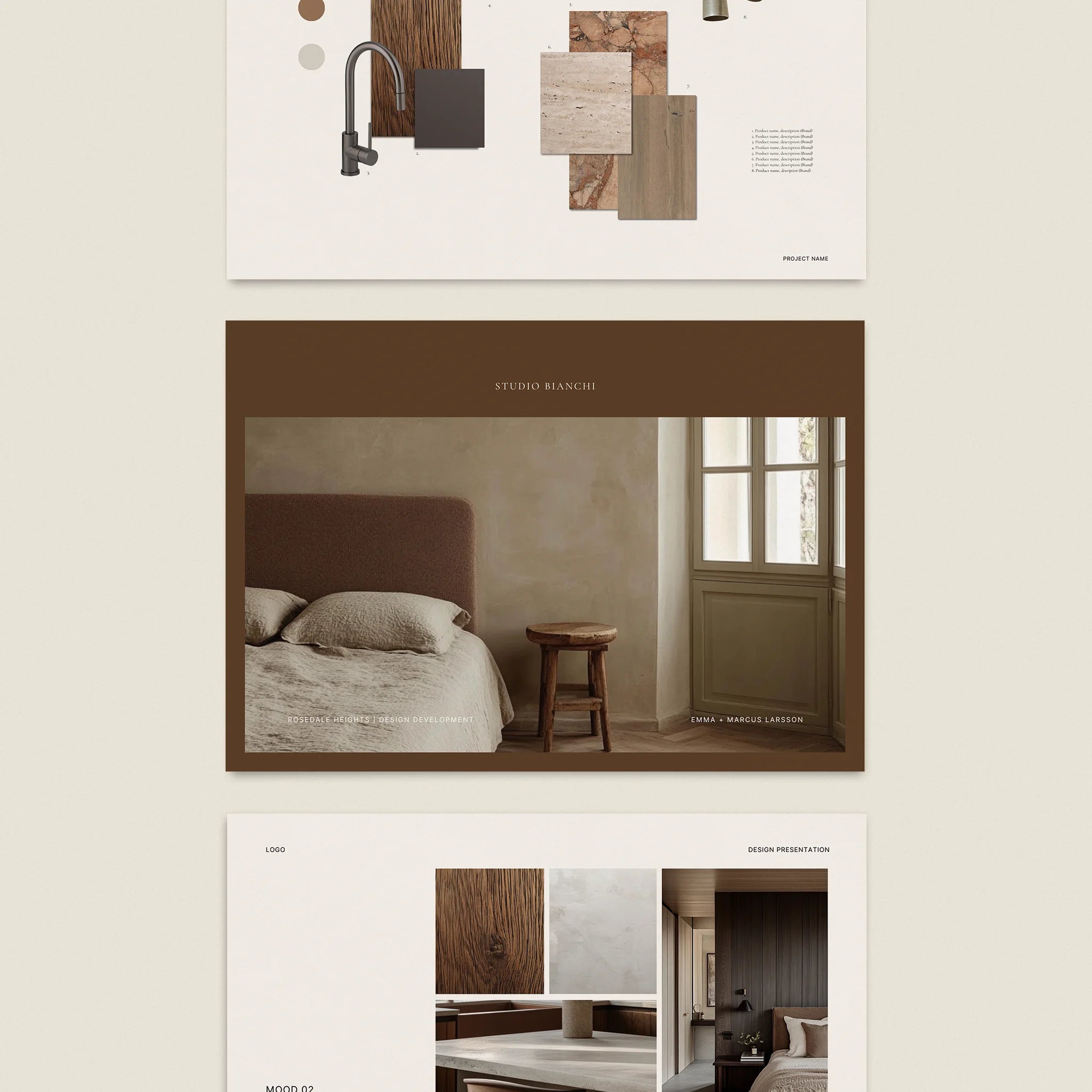 Collage of interior design presentation template, mood boards with a focus on furniture and decor.