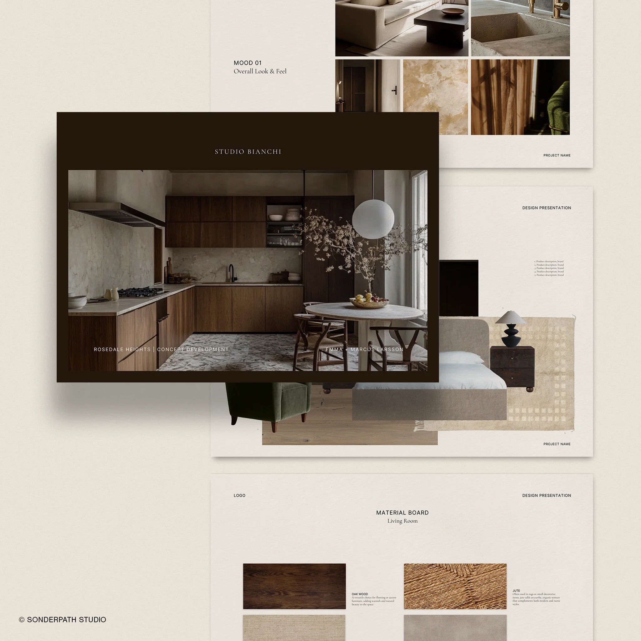 Collage of interior design presentation template featuring mood board and concept board of kitchen and living room with text and images of materials.