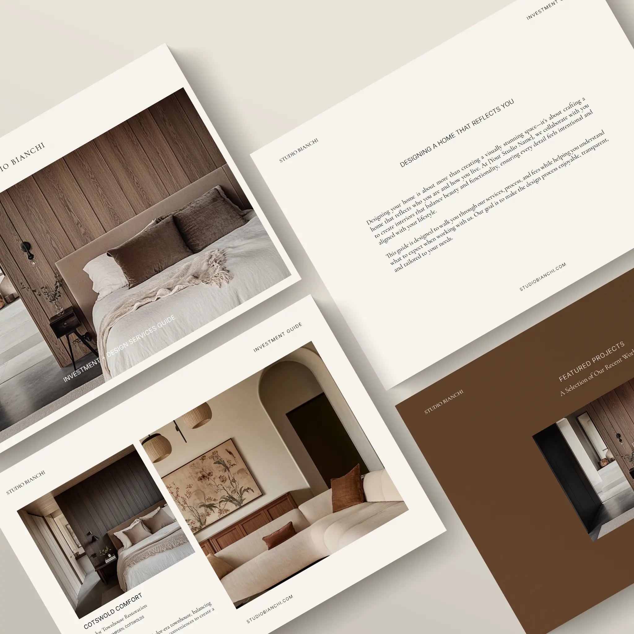 Home interior design catalog with images of bedrooms and living rooms.