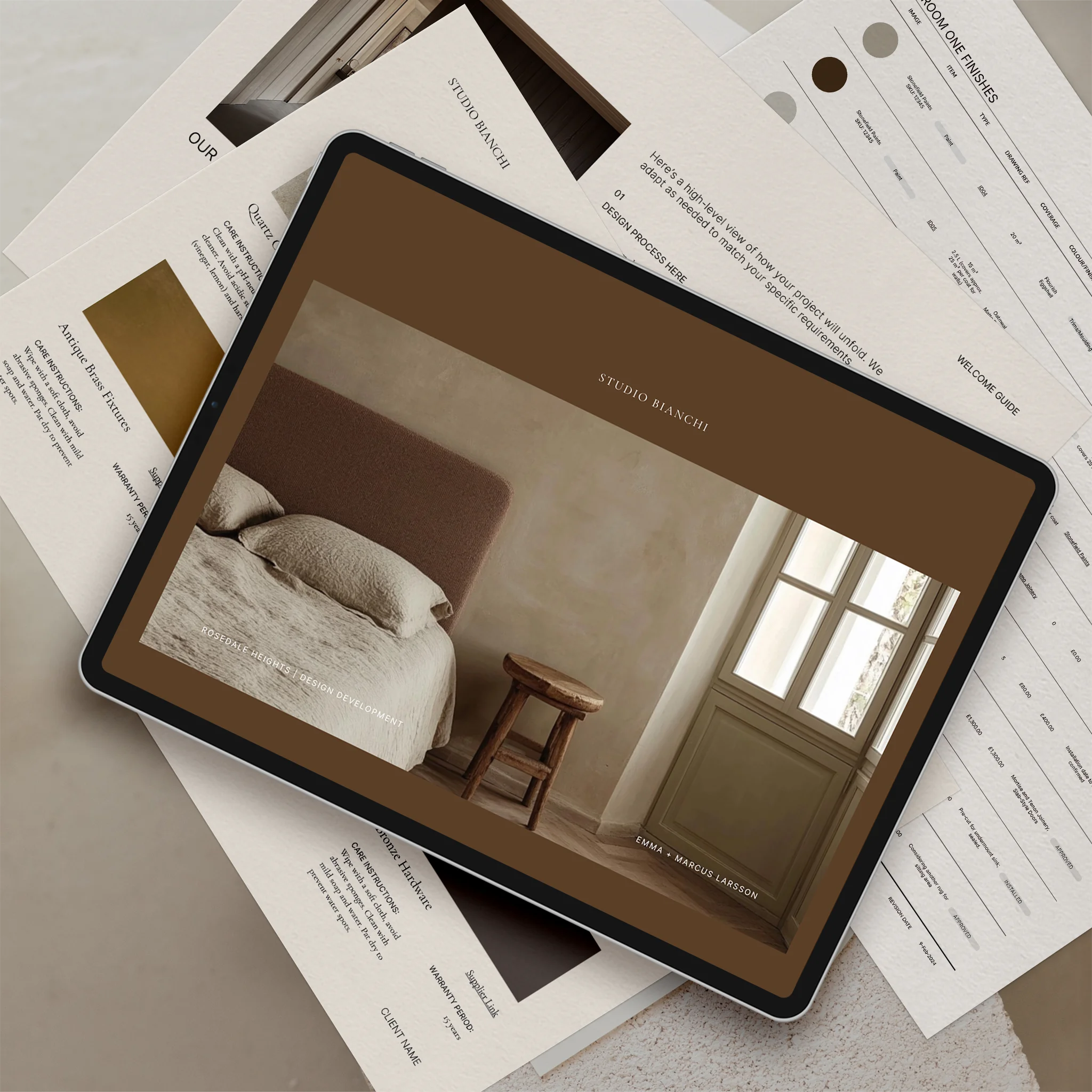 Tablet displaying cover page of bianchi design presentation template. underneath are pages of the template bundle such as client handover guide, fffe schedule, fee proposal.