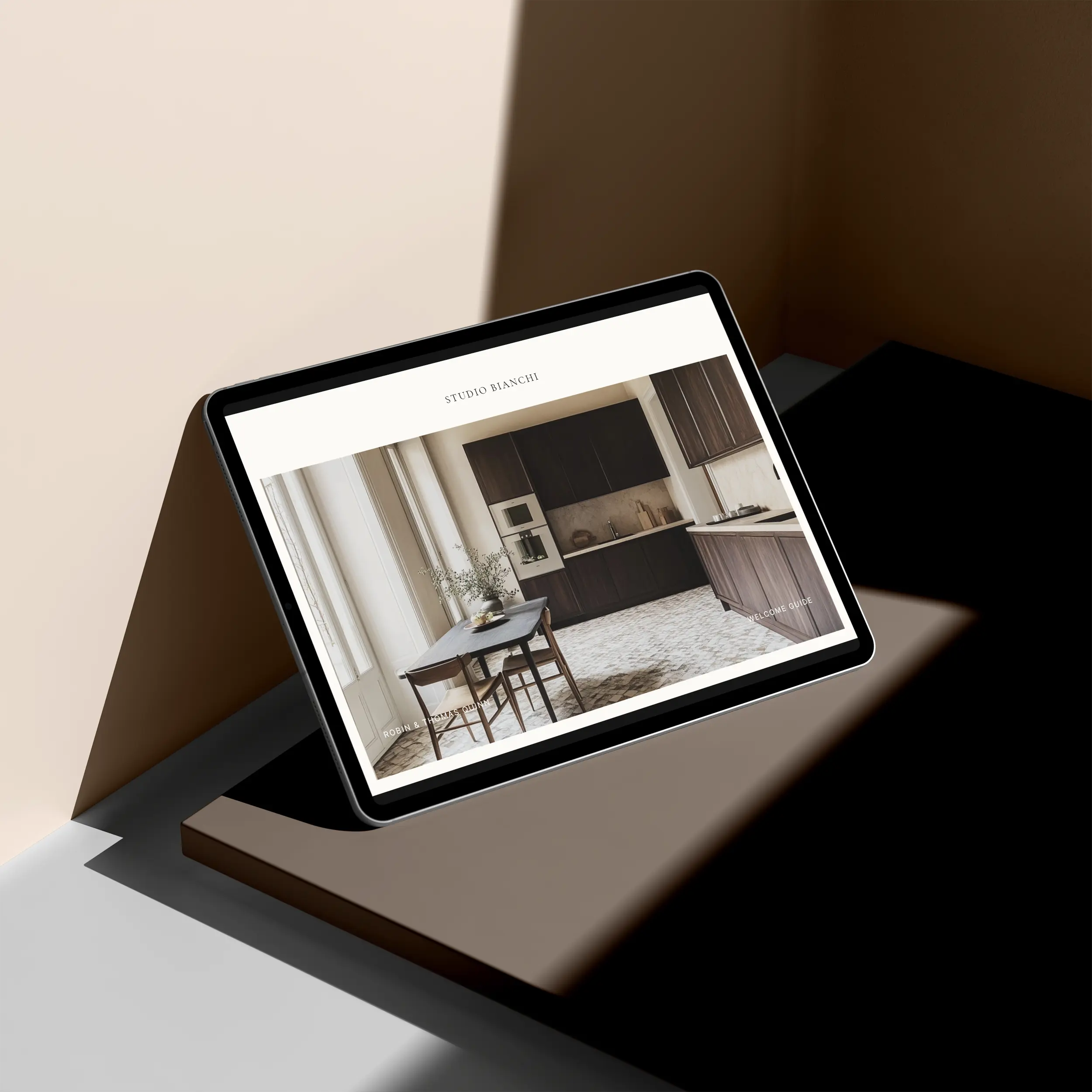 tablet showing cover of welcome guide template for interior designers and architects