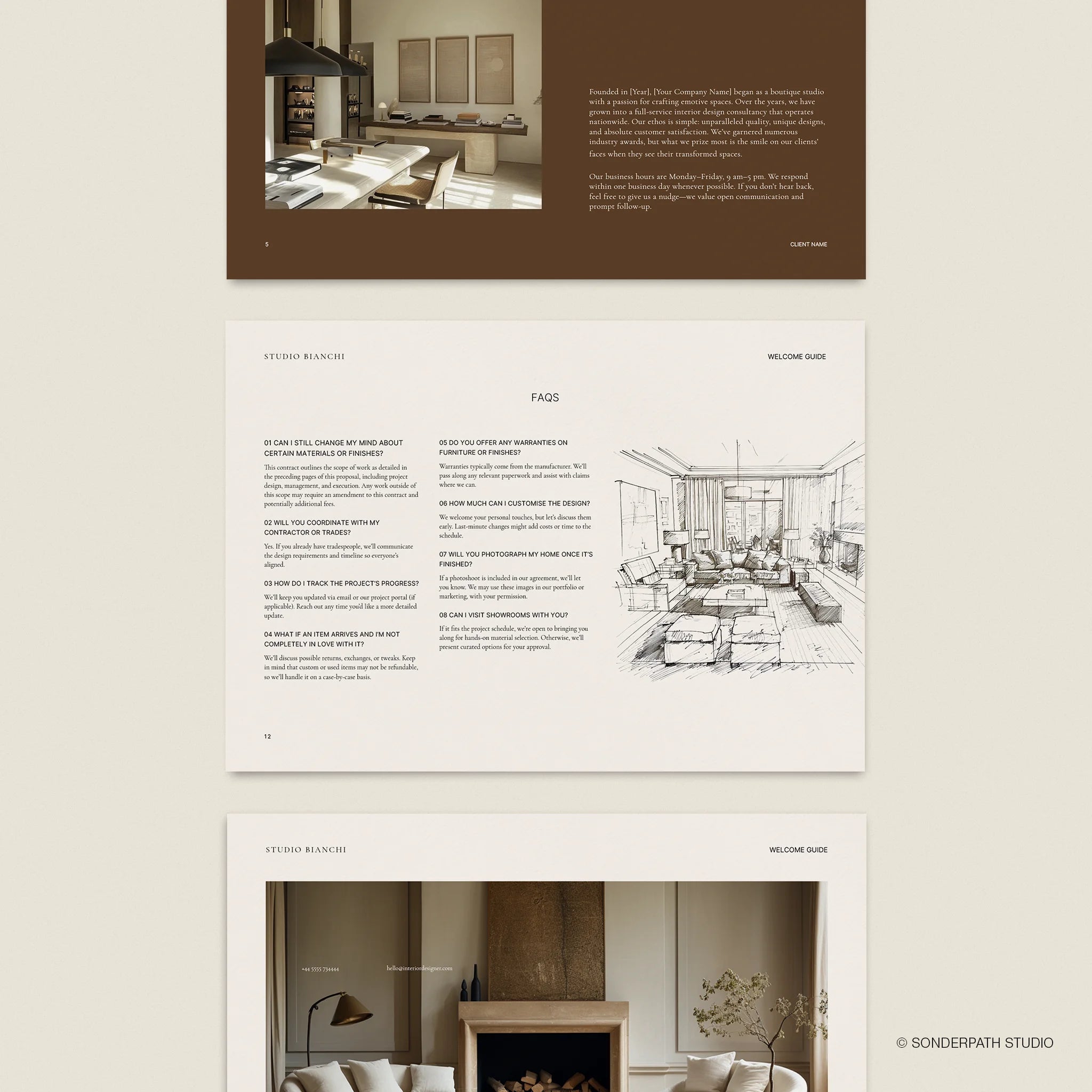 Interior design welcome guide template layout with kitchen, living room, and fireplace images on a beige background.