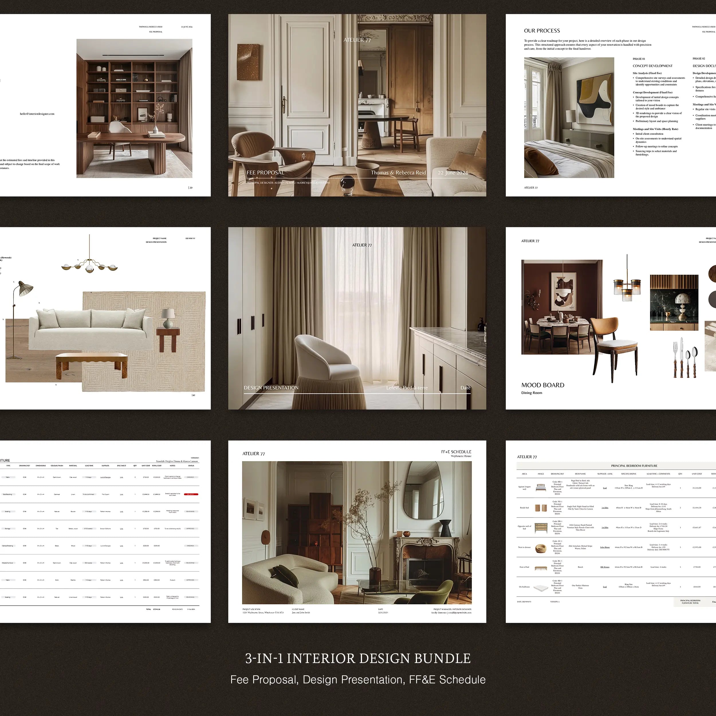 template bundle with fee proposal, design presentation, ffe schedule