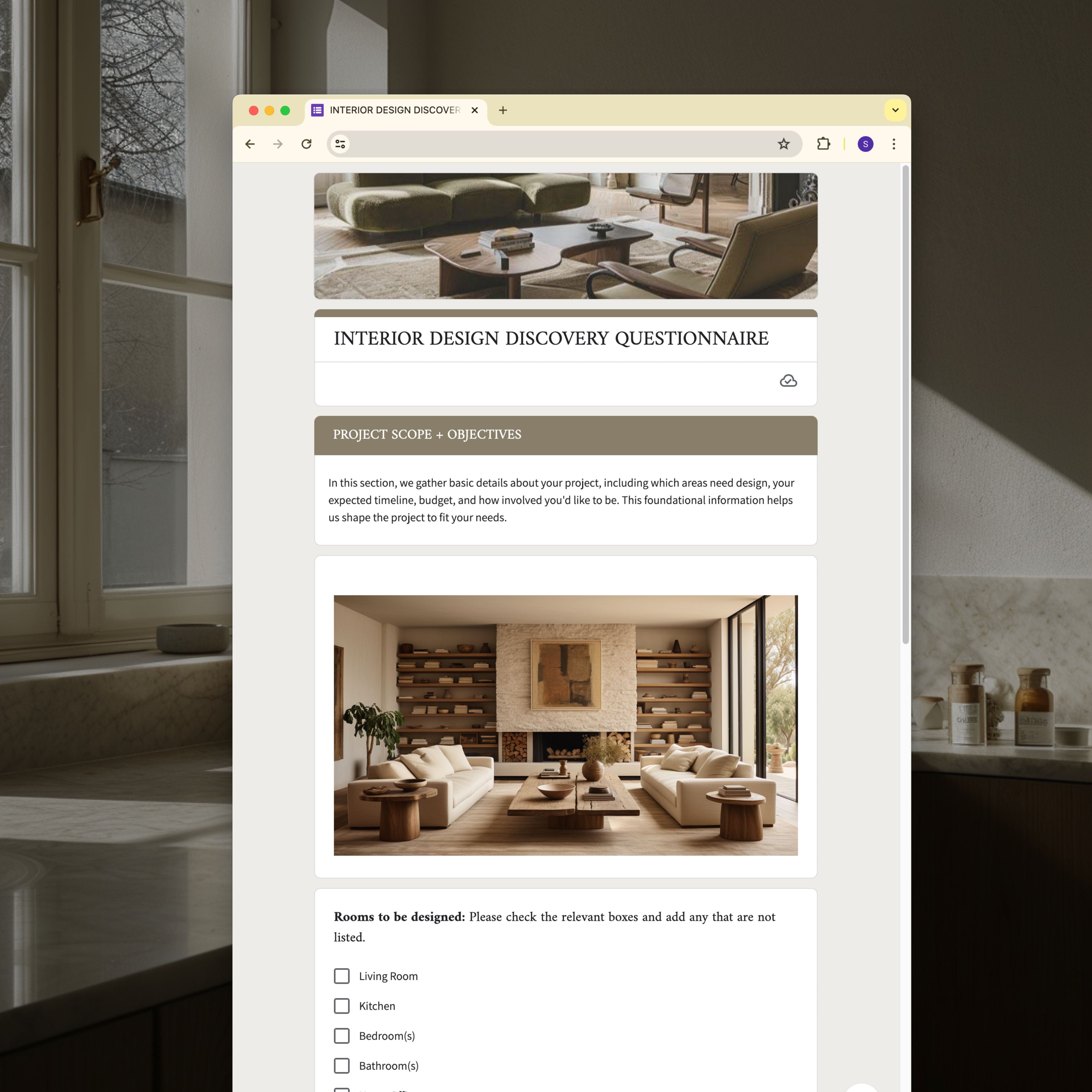 Editable Design Discovery Questionnaire shown on tablet. Includes client questions for interior designers.