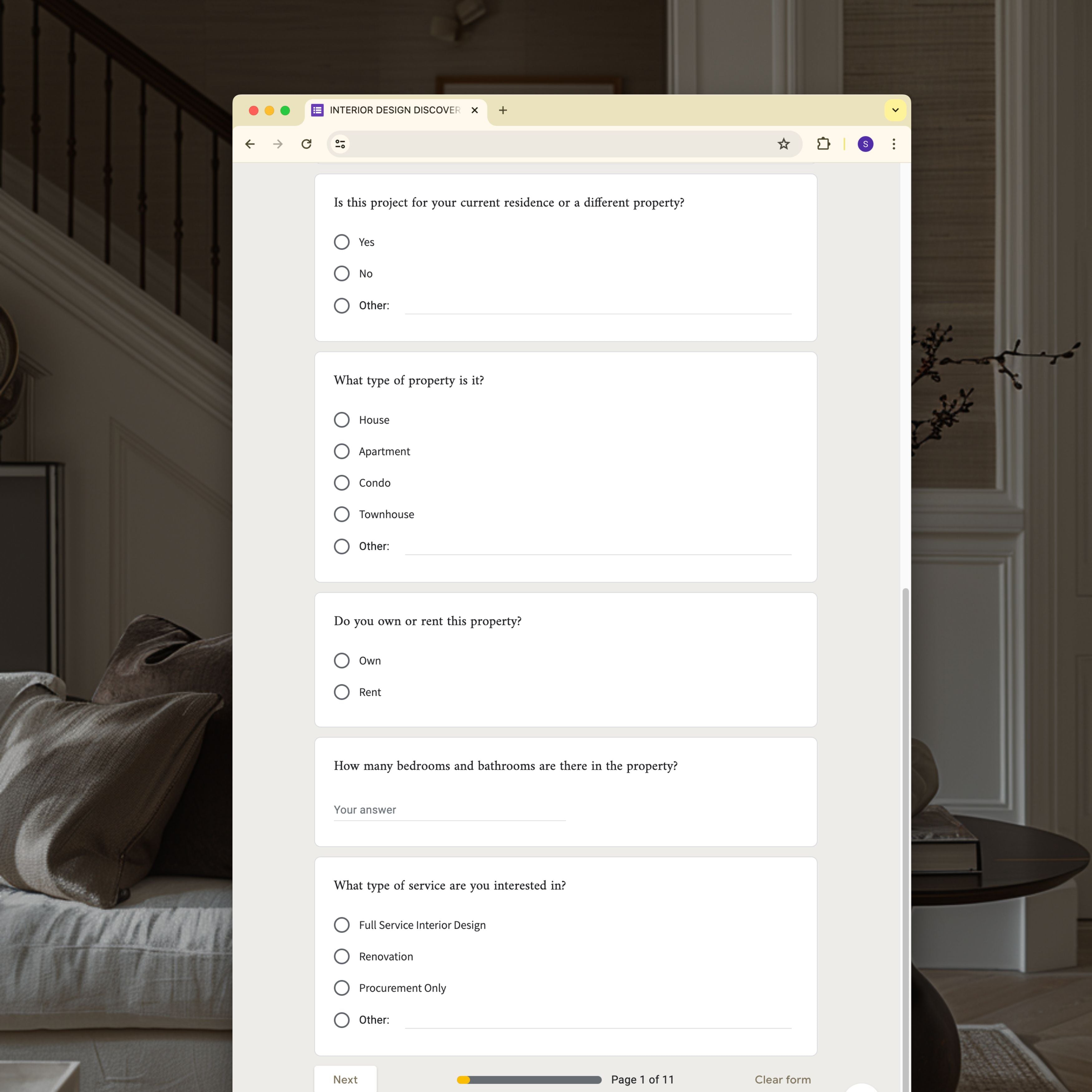 Editable Design Discovery Questionnaire shown on tablet. Includes client questions for interior designers.