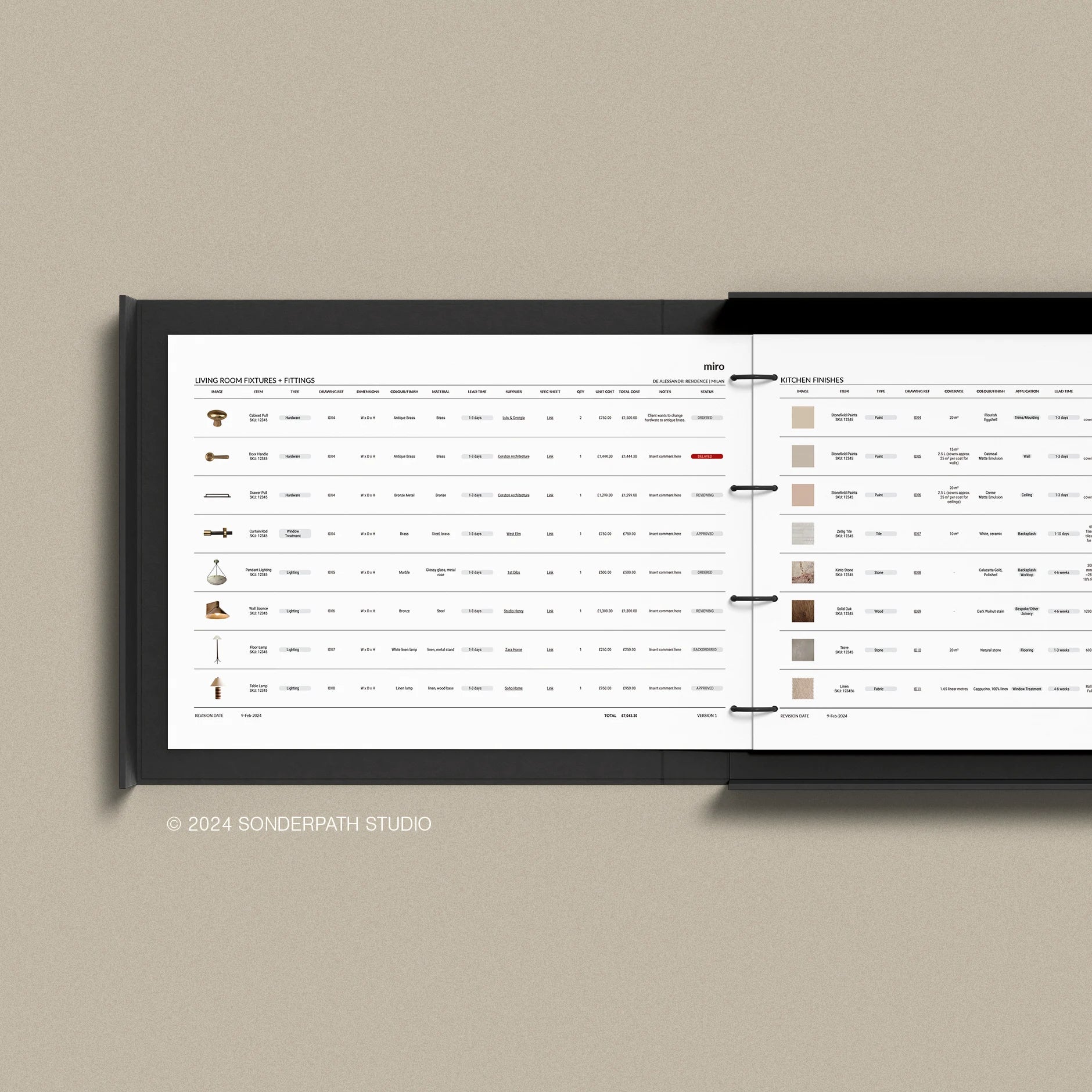 Portfolio binder showing FFE Schedule pages for interior designers