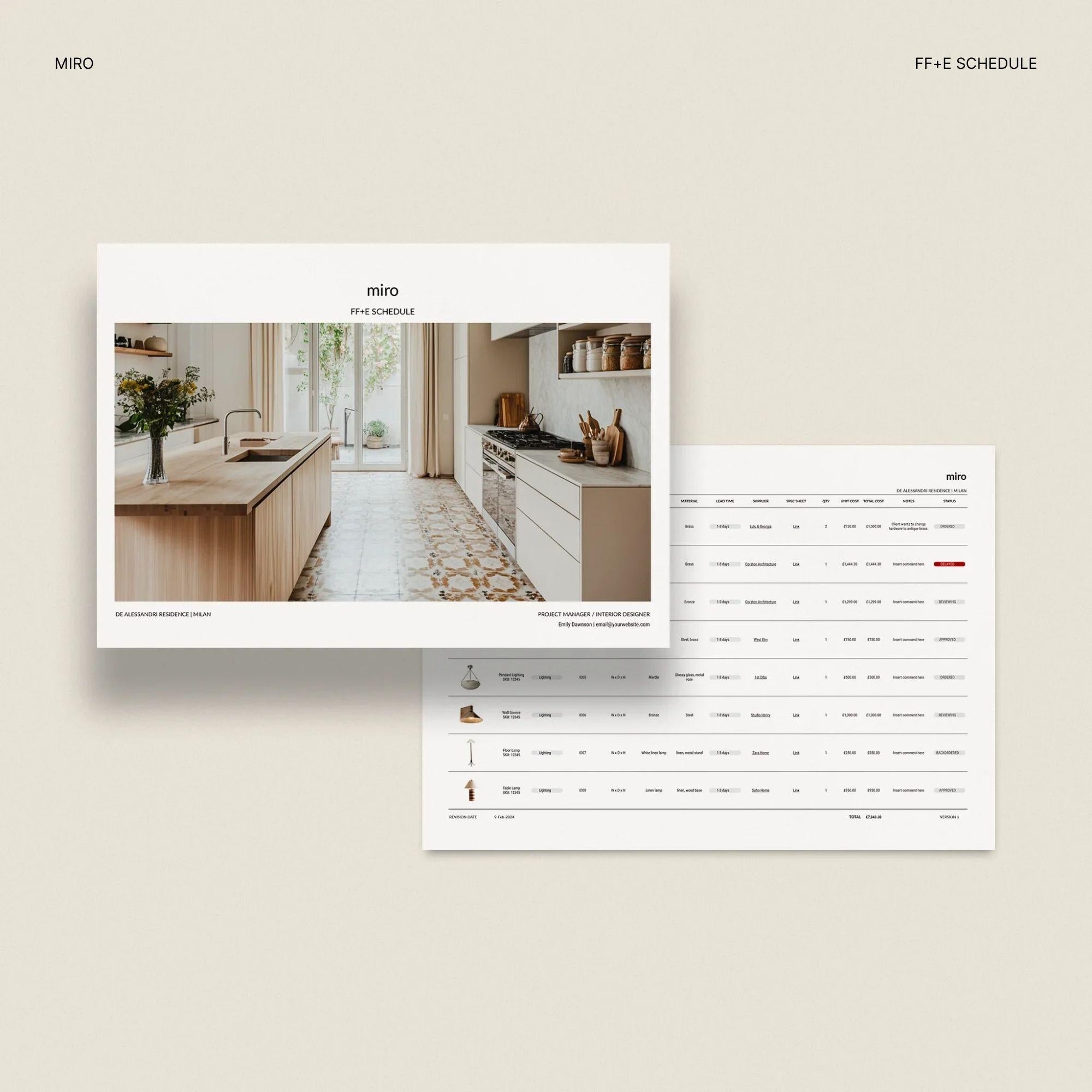 Miro FF&E schedule with kitchen design images on a beige background