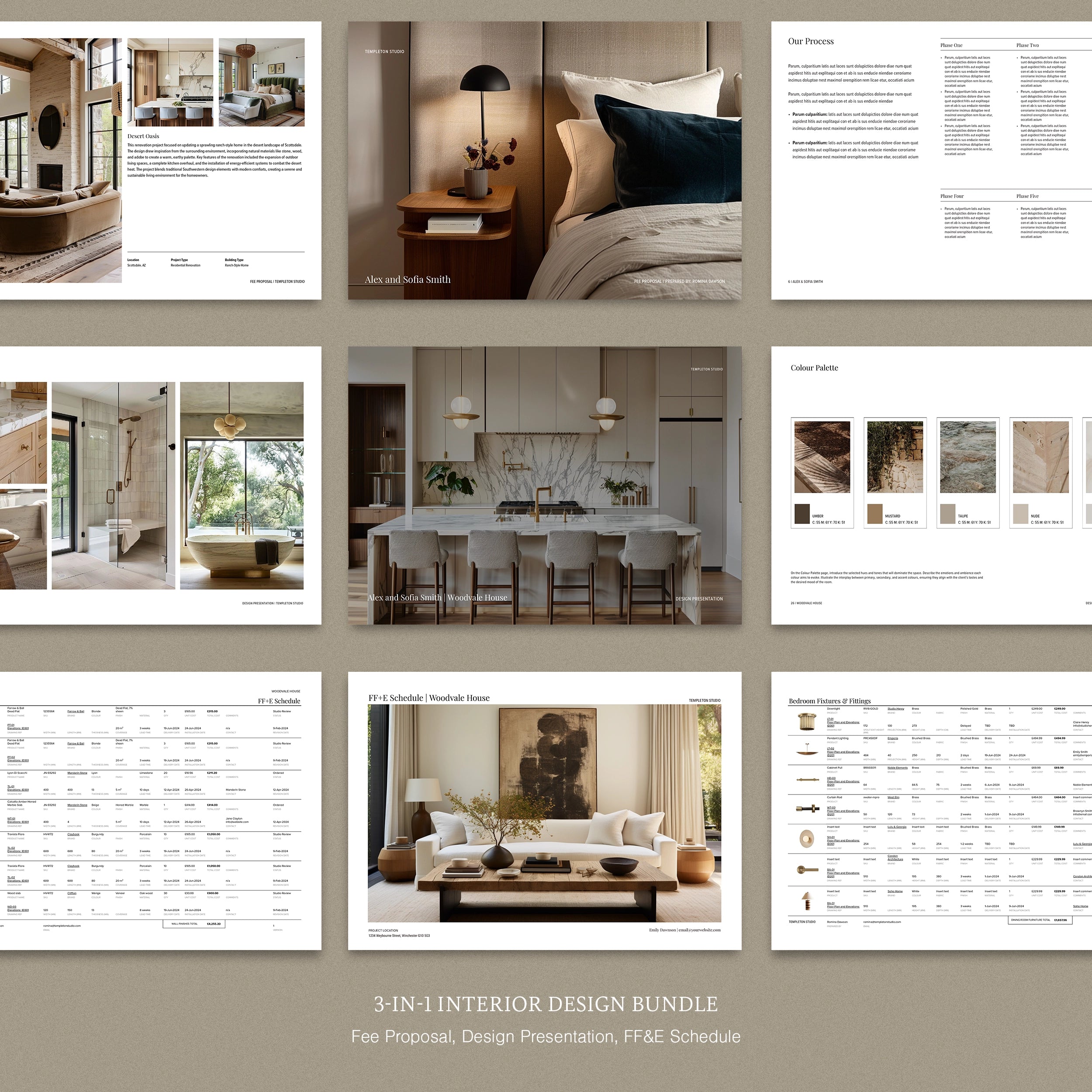 A collection of interior design document templates including a fee proposal, design presentation, and FFE schedule, displayed in a grid arrangement.