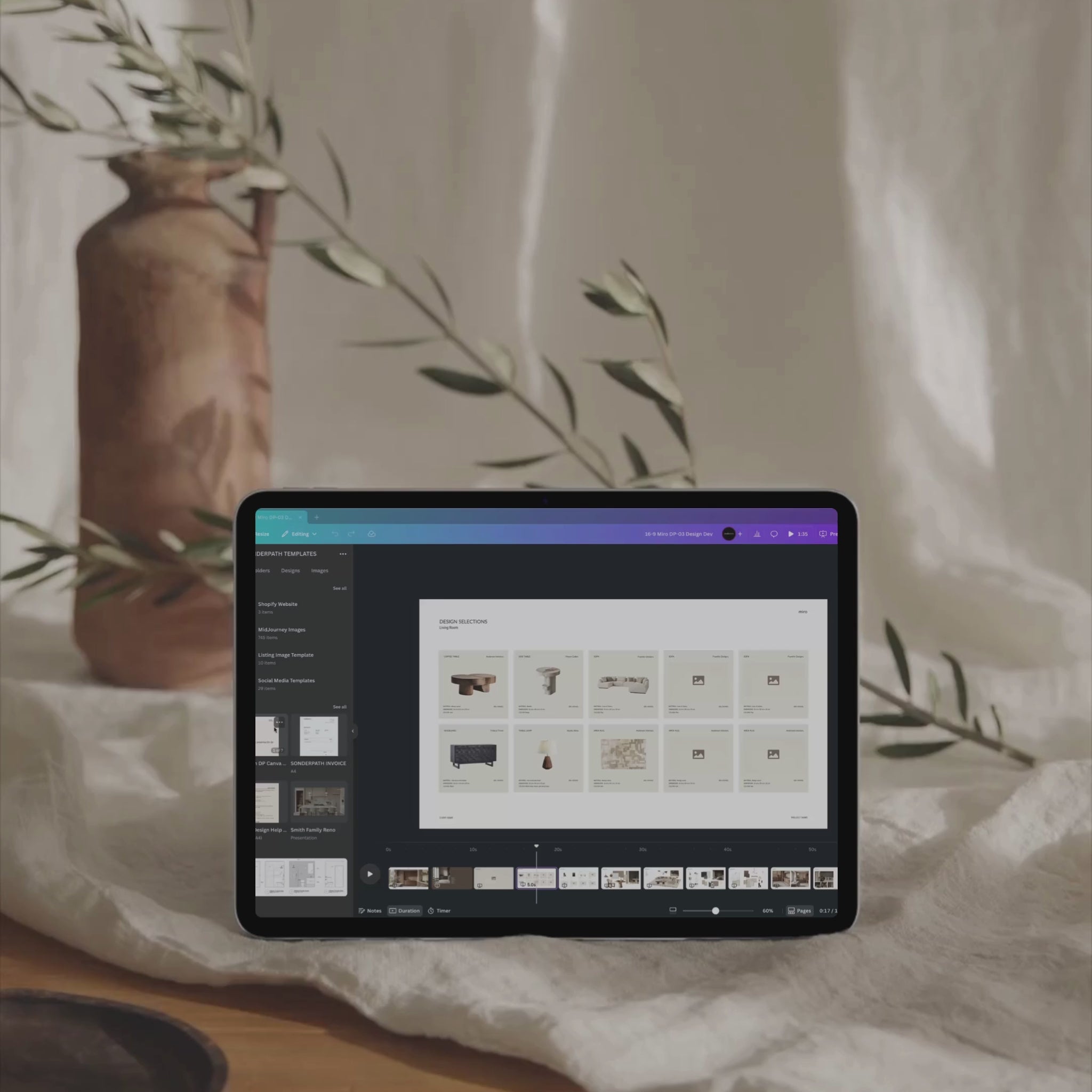 Interior Design presentation shown being edited in Canva on iPad
