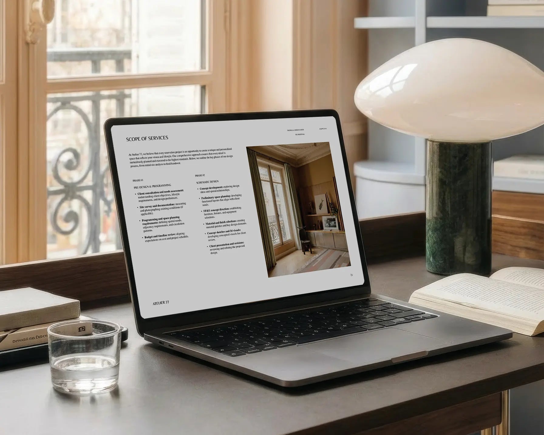 Scope of services page in the Atelier 77 Fee Proposal template shown in a laptop screen.