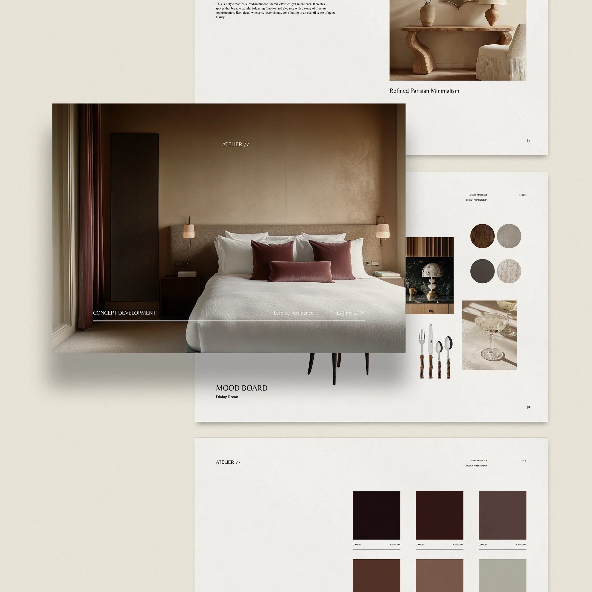 Atelier 77 Interior Design presentation template laid out on a ring binder.