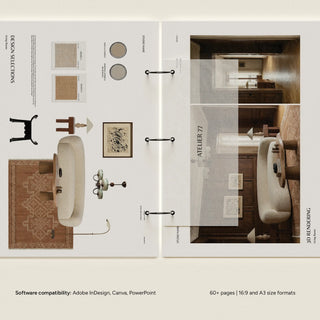 Interior design layout with furniture and decor elements on a white background