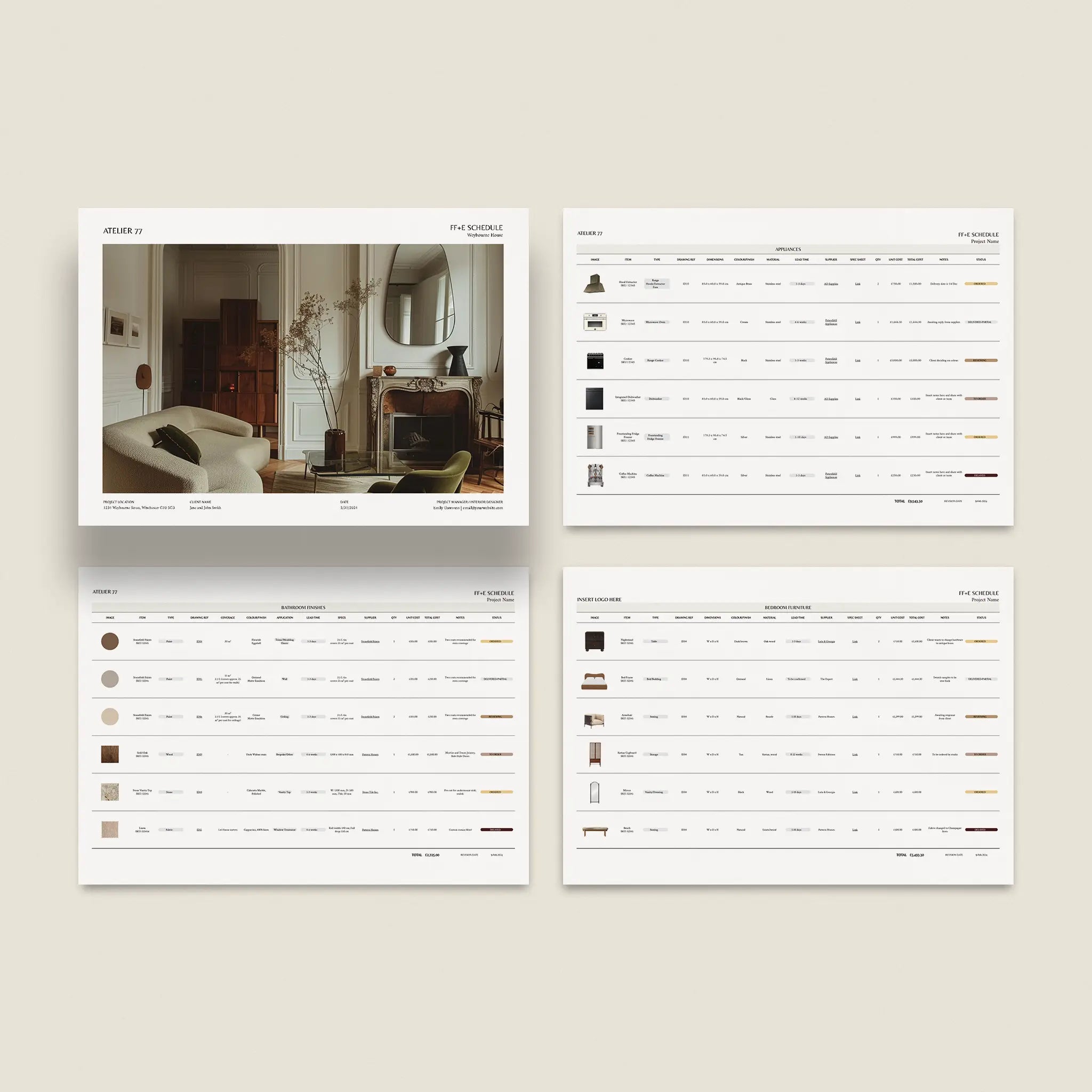 Four pages of interior design FFE Schedule 