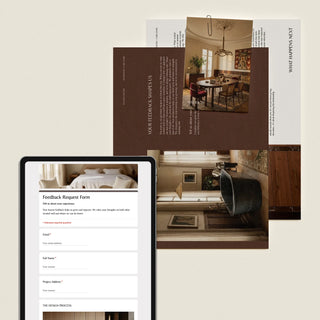 image shows an ipad screen with a feedback request form for interior designers to send to clients and behind the ipad are documents containing client handover and care guide.