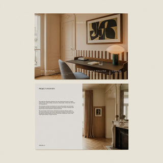 Interior design project with room views and text on a beige background. The image features two pages of a fee proposal, project overview, and cover page.