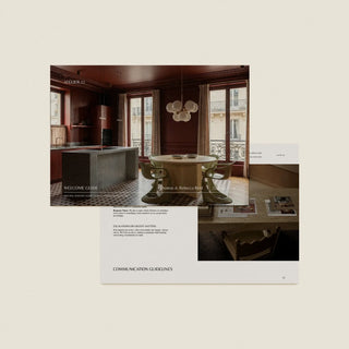 Interior design layout with photos of a room and text on a beige background. The image shows a cover page of a welcome guide template and a communication guidelines page.