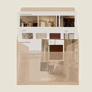 a package of client documents showing a project overview page, material board page, portfolio page.