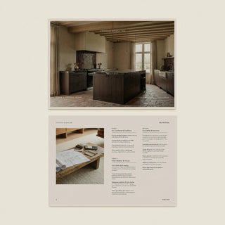 Interior design fee proposal layout with photos of a kitchen and text on a beige background featuring scope of services.