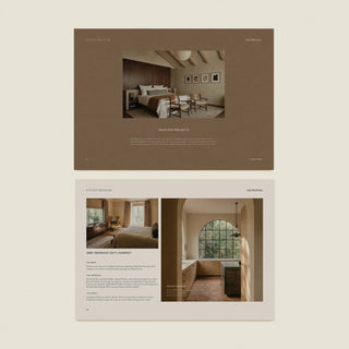 Two interior design layout pages with images of bedrooms and a beige background. Image shows residential interior design projects.