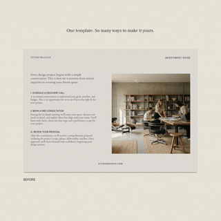 Before and after editing an investment guide template for interior designers and architects.