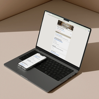 Laptop with a smartphone on its touchpad on a beige surface showing pages of the client feedback and approval checklist template.