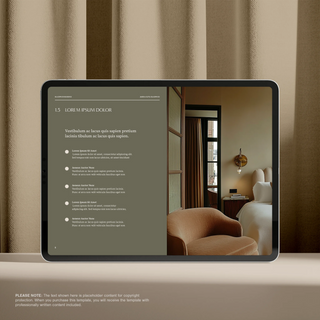 Franke interior design studio template kit welcome guide displayed on a tablet beside soft fabric in warm light