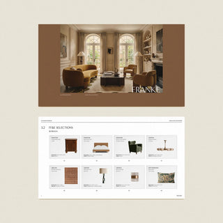 Franke interior design studio template kit presentation template showing the FF&E selections cover with a curved sofa sitting room and a bedroom selections grid