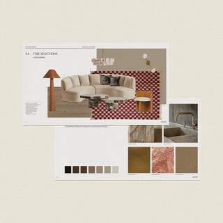 Franke interior design studio template kit presentation template showing FF&E living room selections with curved sofa layout and a colour palette material page