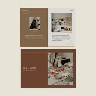 Franke interior design studio template kit showing the investment guide Studio biography page and the Our Services tailored design page