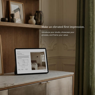 ipad showing a project page of an investment guide template for interior designers