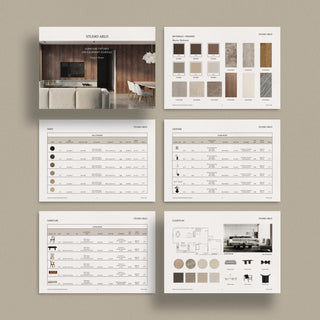 Images of pages of FFE Schedule Templates, furniture, fixtures, finishes schedule for interior designers 