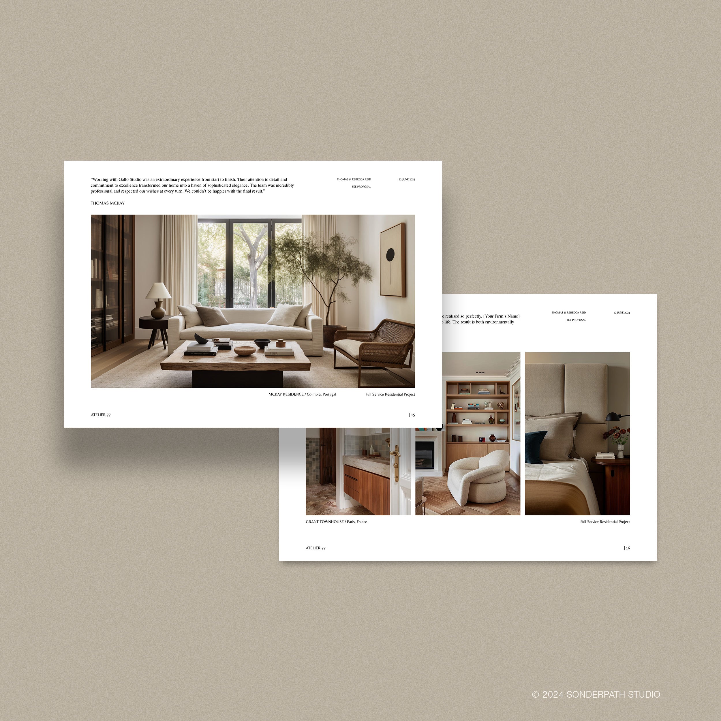 Image of design portfolio pages featured in Interior Design  fee proposal template