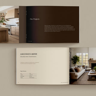 Image shows project pages of an Interior Design Portfolio Template created in Canva and Adobe InDesign.