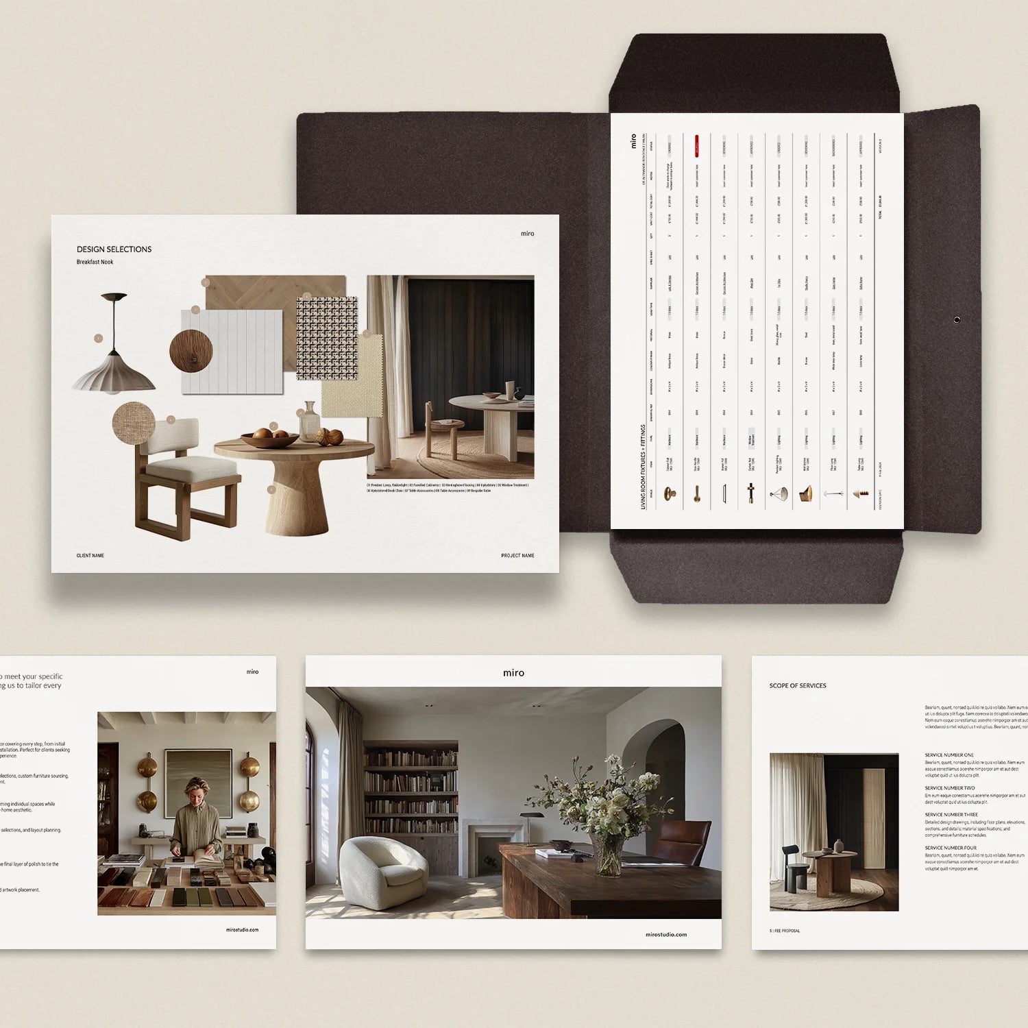 Pages of various interior design templates laid flat with a brown envelope