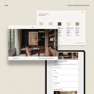Miro client handover and care guide with interior design elements on a light background