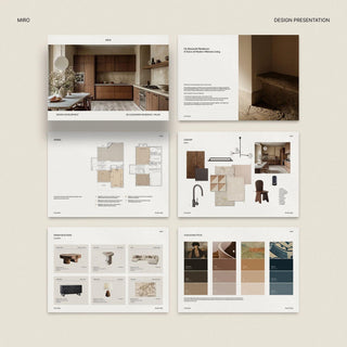 Set of interior design client presentation template pages showing a cover page with a kitchen, mood board, colour palette, floor plans, and furniture selections.