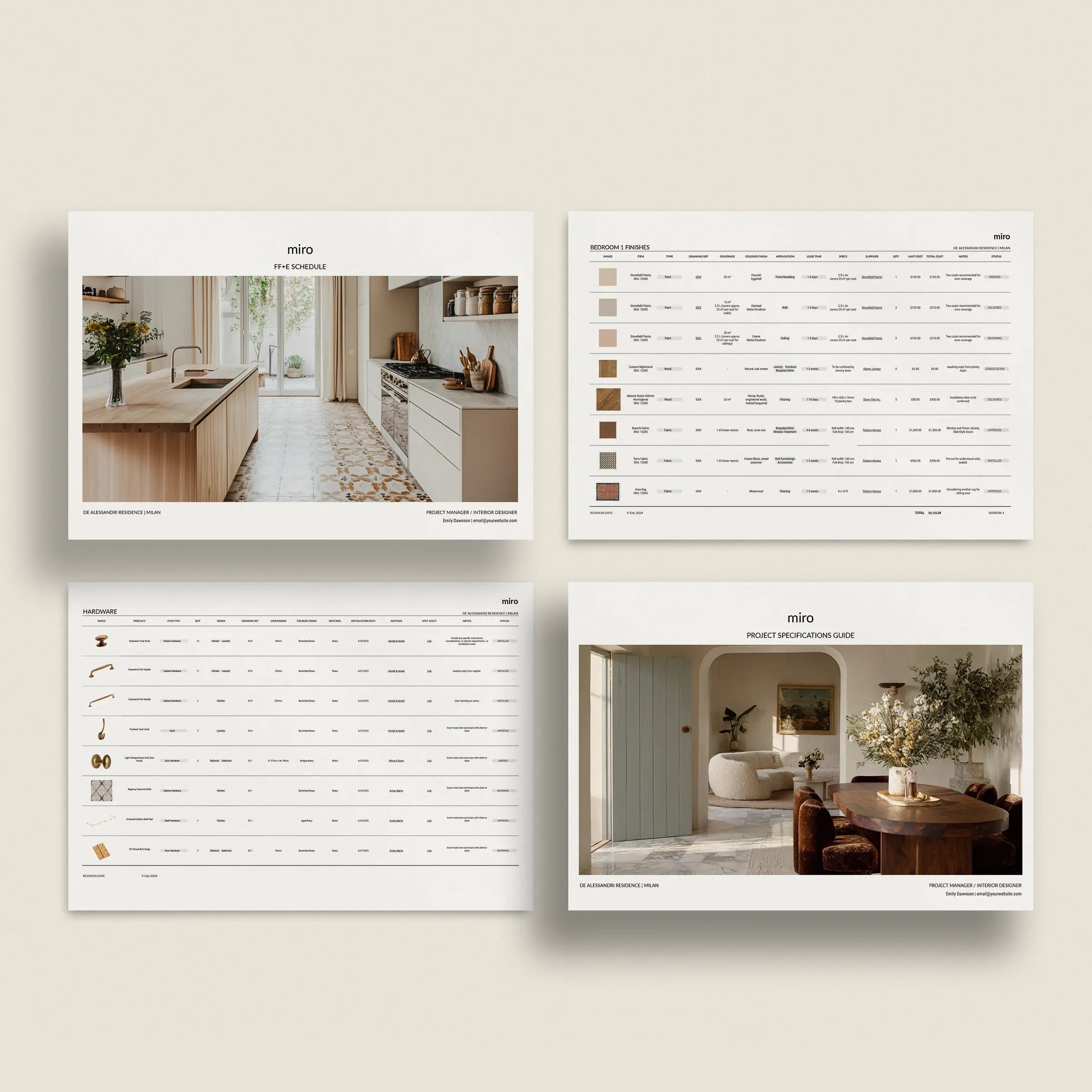 Four pages from a design or catalog showing interior design specifications sheet