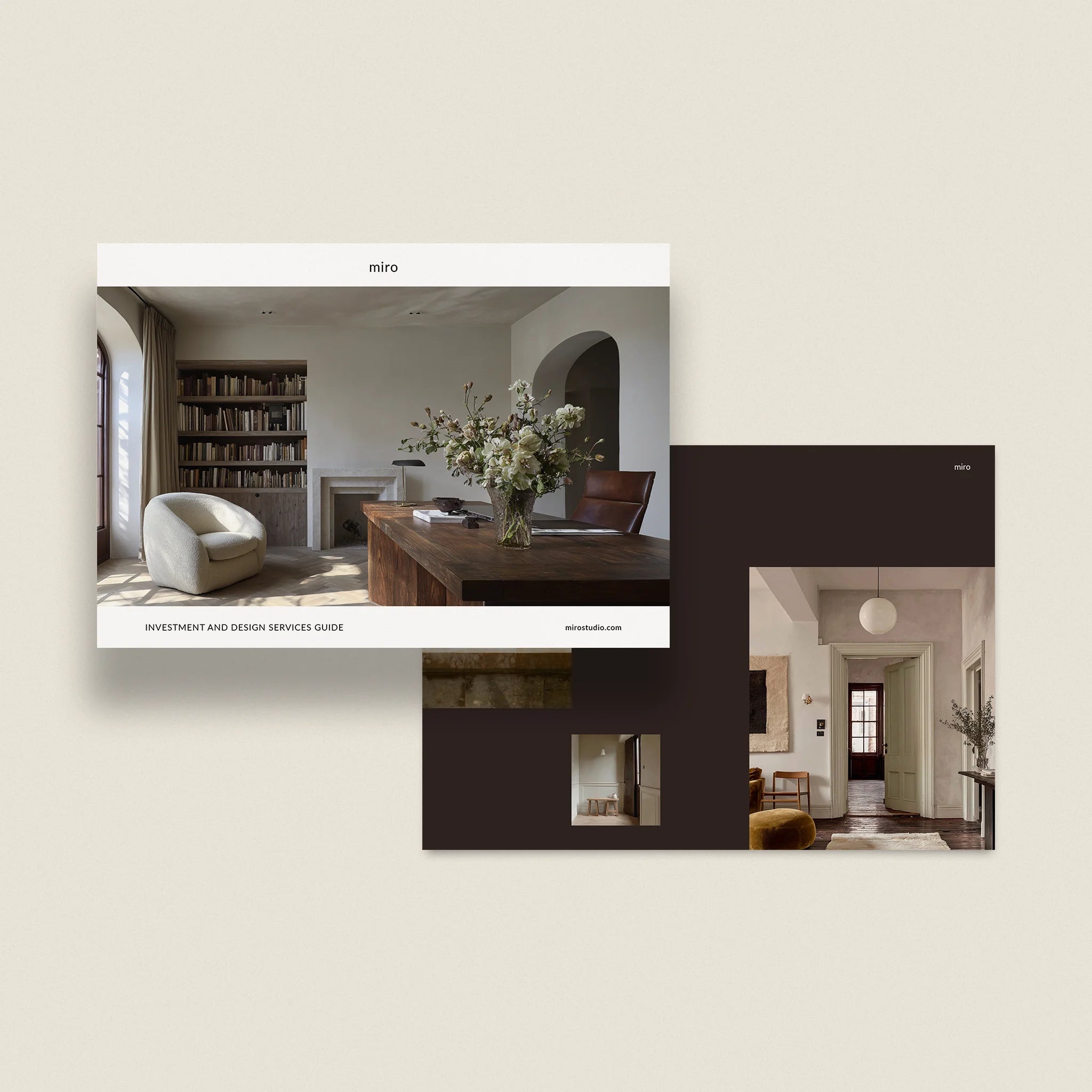 Miro interior design services guide with images of a living room and hallway.