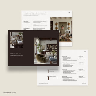Collection of interior design investment guide template brochures on a light beige background