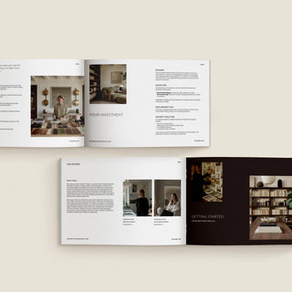Open brochures with interior design investment guide content on a light background