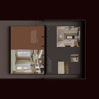 Open book with interior design images and text on a dark background showing featured projects and testimonial pages of an interior design investment guide template