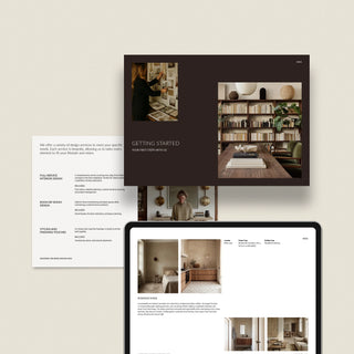 Interior design service brochure with images of rooms and a tablet displaying more content.
